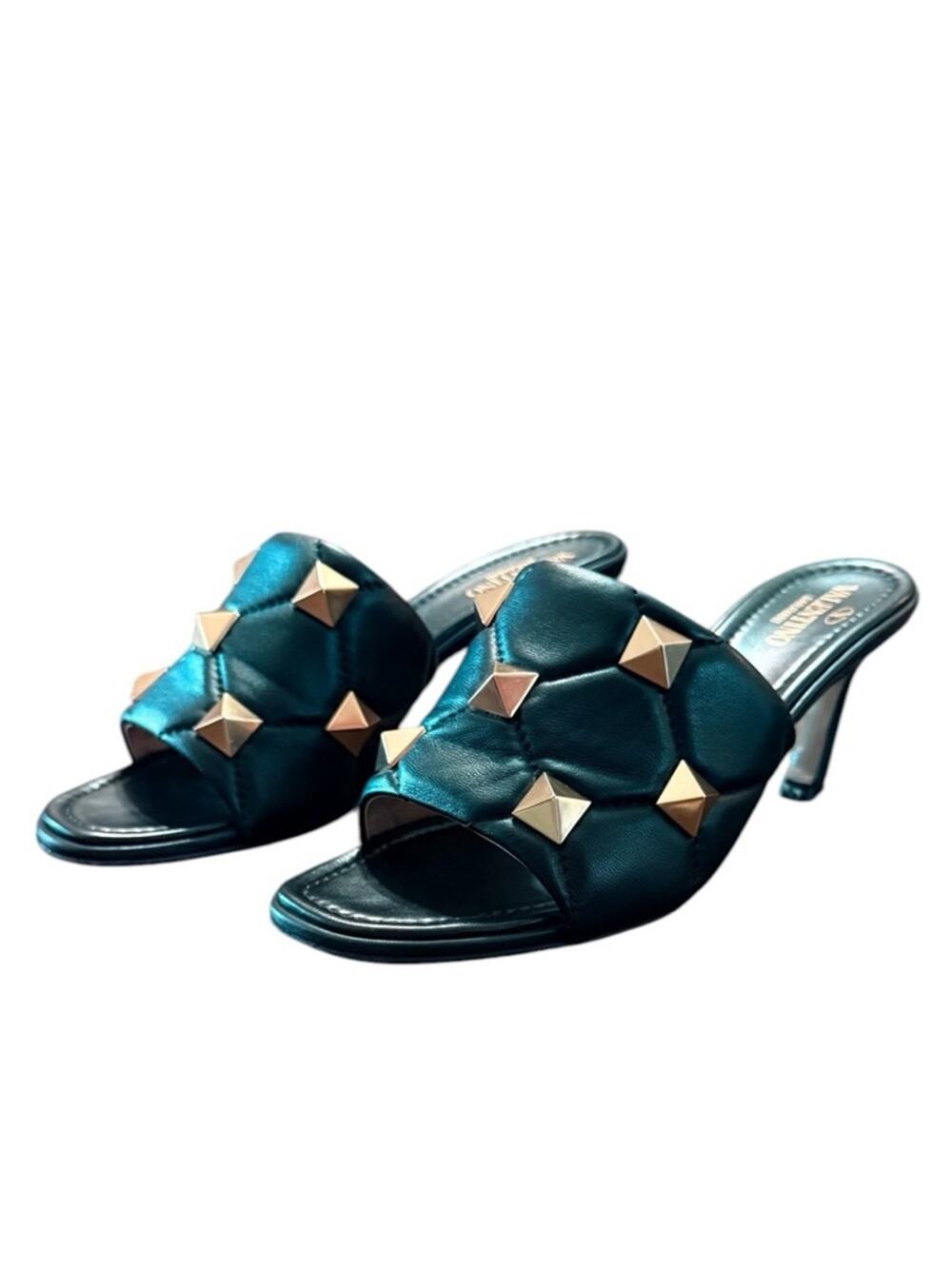 Valentino Garavani Roman Stud Quilted Black Leather Mule Mid Heels EU 38 US 8